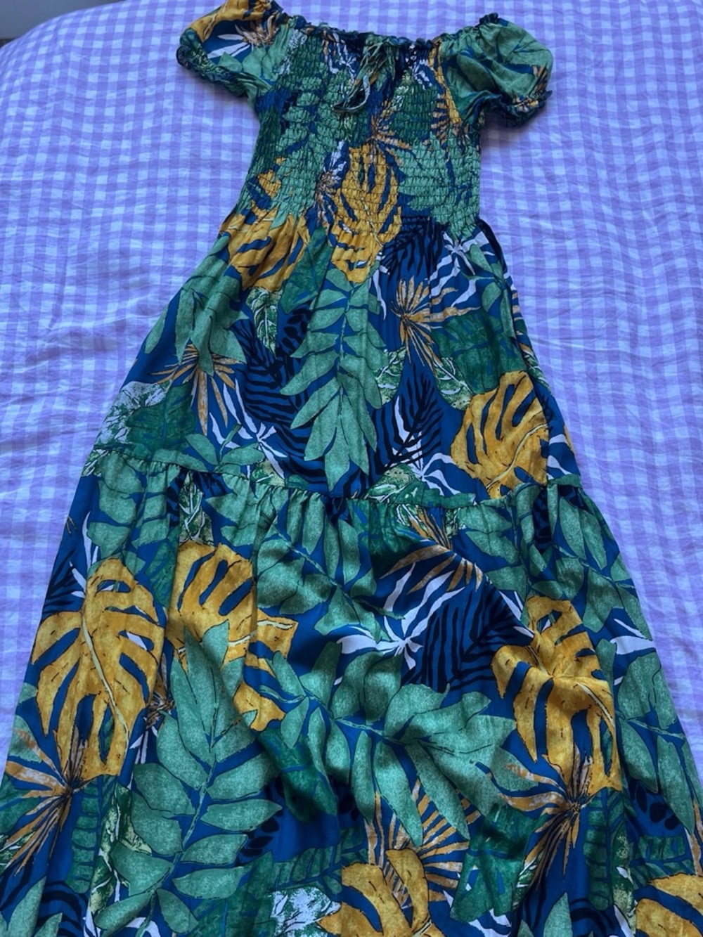 Tropical Leaf Print Off-Shoulder Maxi Dress - Green & Mustard